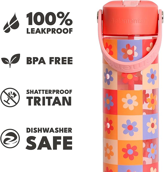 Elemental Splash Water Bottle with Straw - BPA-Free Tritan Plastic Reusable Water Bottle with Strap - Ideal for Travel, Gym and Sports - Leak Proof when Spout is Closed - 26oz - Checkered Flowers