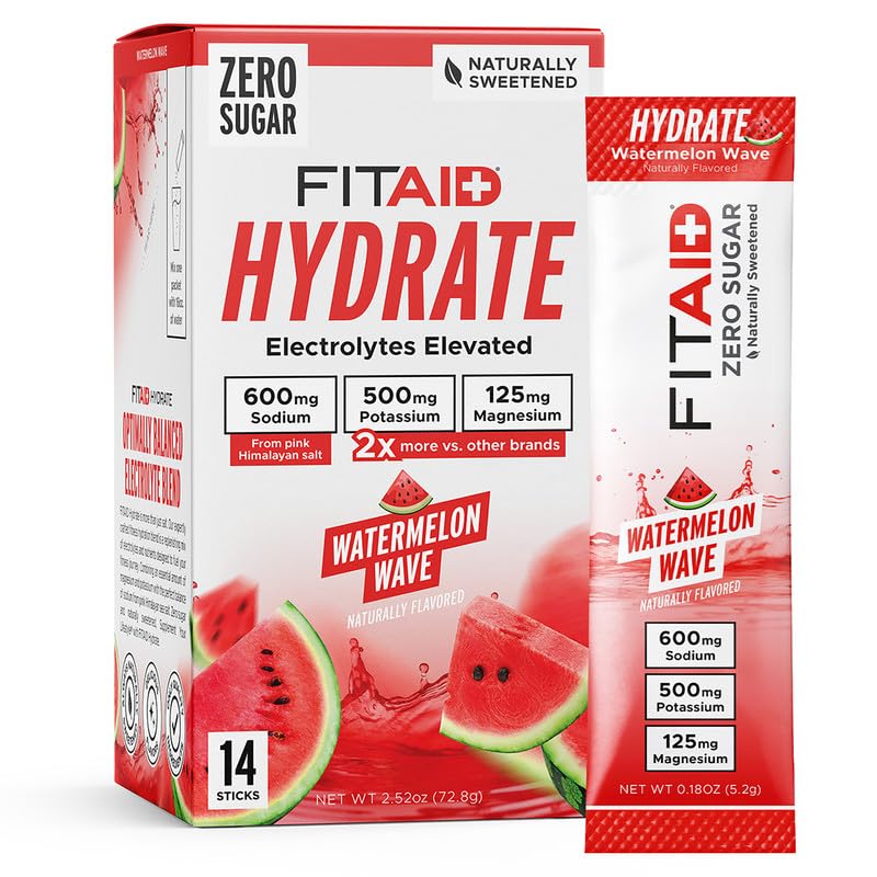 LIFEAID FITAID Hydrate Clean Electrolyte Mix Zero Sugar Balanced Electrolyte Ratios: 600mg Sodium 500mg Potassium 125mg Magnesium Watermelon Wave for Exercise & Active Hydration 14 Sticks