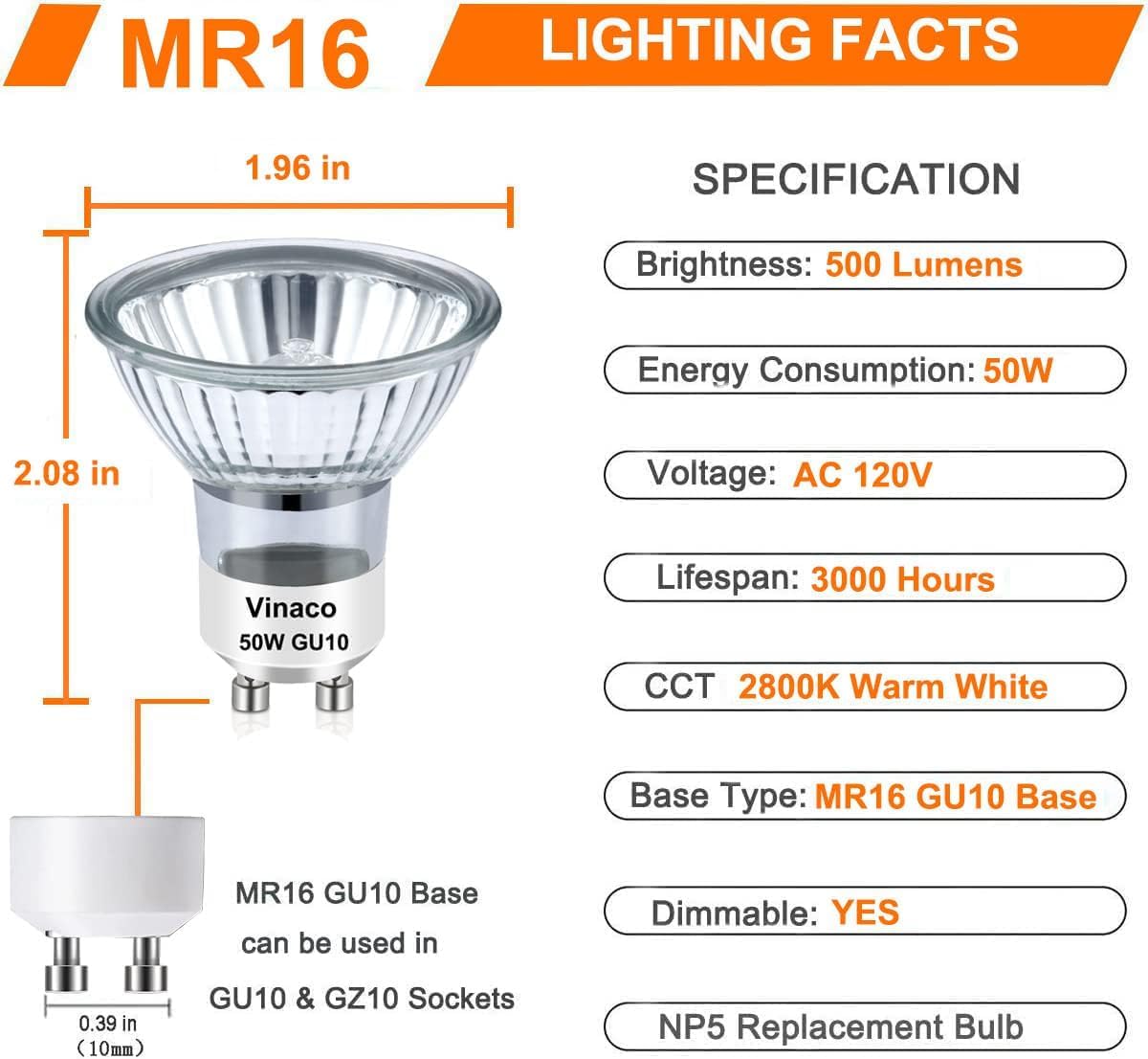 Vinaco GU10 Halogen Bulb Dimmable, GU10+c 110V 50W Candle Warmer Lamp Replacement, MR16 GU 10 50W Halogen Bulb 120V, 50 W MR16 with Glass Cover for Track&Recessed Lighting, 2800K Warm White, 6 Pack