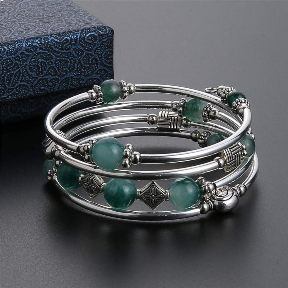 Beaded Pearl Bangle Wrap Bracelet - Fashion Bohemian Jewelry Multilayer Charm Bracelet with Thick Silver Metal Beads, Gift For W
