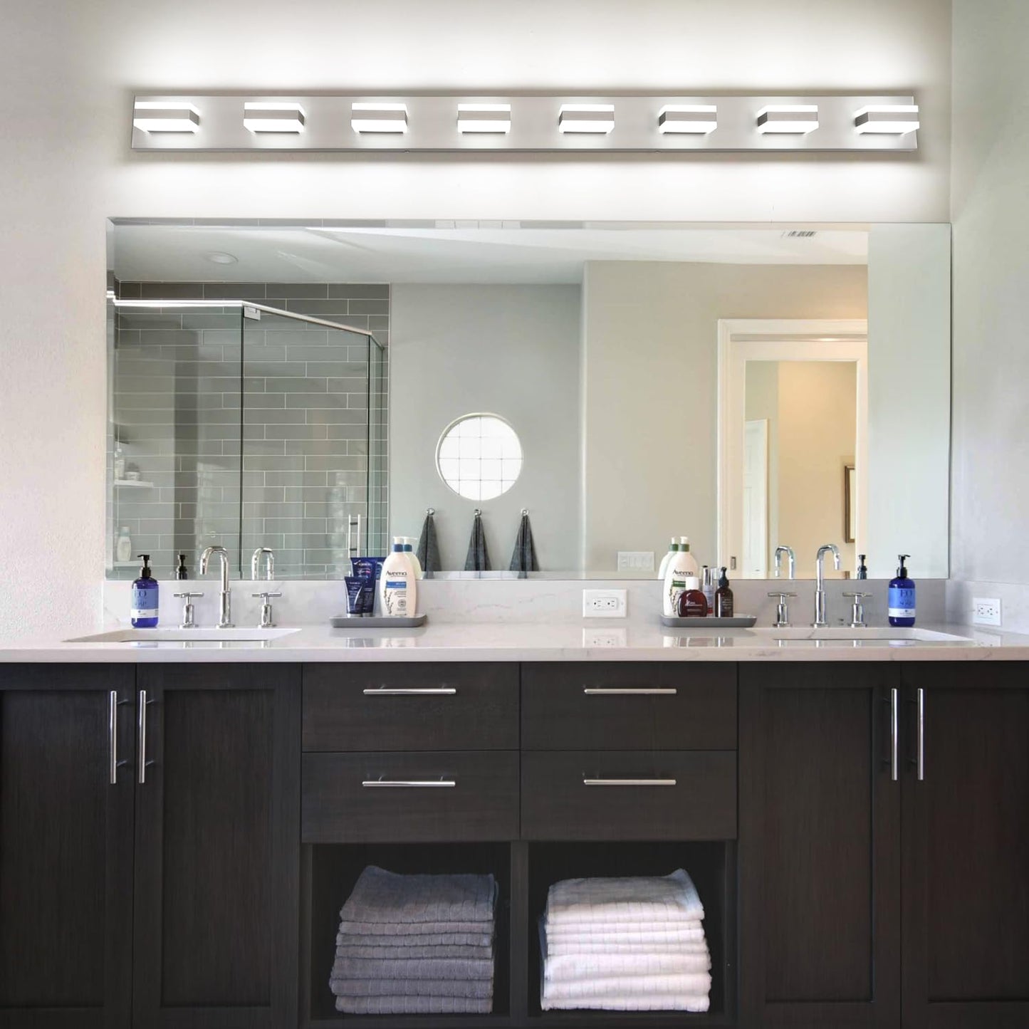 Solfart Bathroom Light Fixtures Brushed Nickel Vanity Lights For Bathroom Above Mirror 8 Light Led Lighting Fixture Nickel Vanity Light 61 Inch Vanity Light Over Mirror