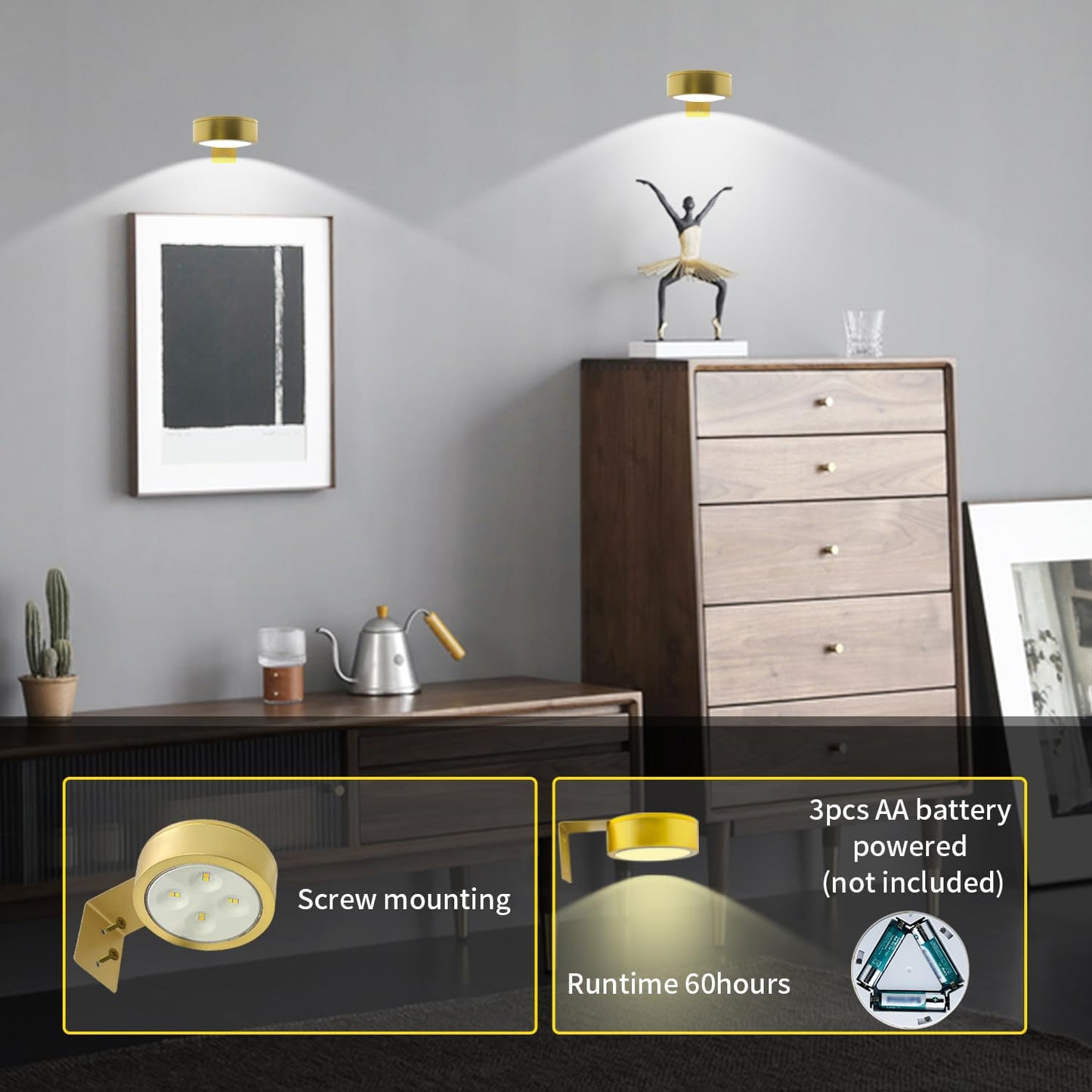 Arixinks 6Pack Wireless Picture Light - Dimmable, Timer, Remote Control - Gold, Battery Operated, Model 4r