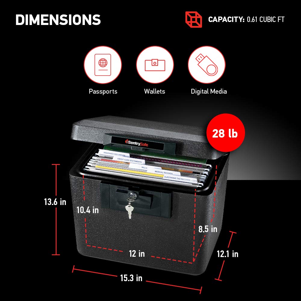Sentrysafe Black Fireproof Document Box With Key Lock, Safe Secures Files And Documents For Home Or Office, 0.61 Cubic Feet, 13.