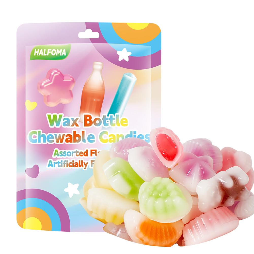 Halfoma Wax Bottle Candy with Syrup in the middle Assorted Fruit Flavors Various styles Suitable for Chewing to Relieve Stress Playing Games and Various Gatherings 32 Candies 60g