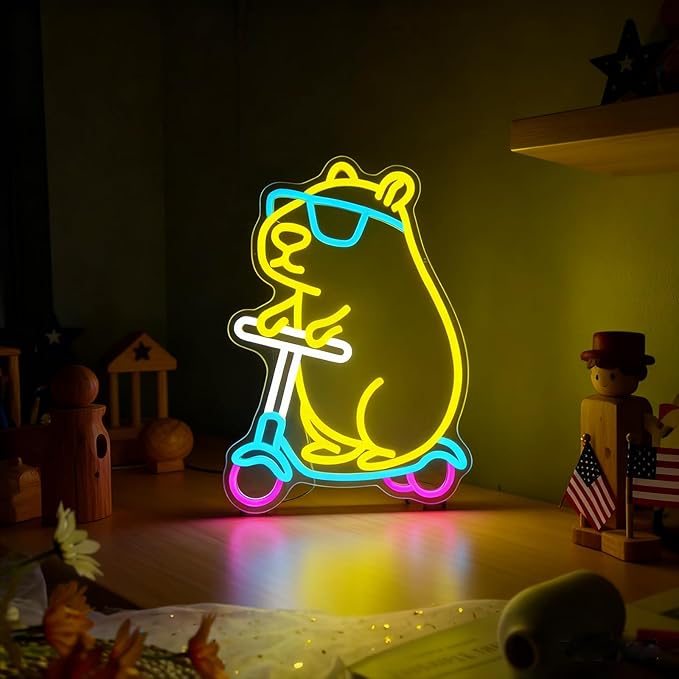Cool Capybara Neon Sign, Dimmable Cute Animal with Shades on a Scooter, Lemon Yellow Capybara LED Lights for Wall Decor, Bedroom, Game Room, Kids Room, Birthday Party Decor, Teen Gifts