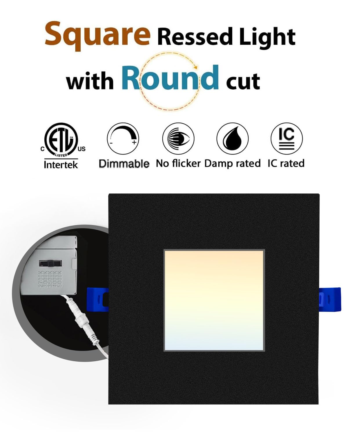 Adetu 4 inch Square Led Recessed Lighting Black,5CCT Ultra Thin Square Led Ceiling Light with Junction Box, 2700K/3000K/3500K/4000K/5000K Selectable,Dimmable,ETL and Energy Star Certified