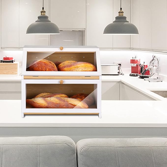HOMEKOKO Double Layer Large Bread Box for Kitchen Counter, Wooden Large Capacity Bread Storage Bin (White)