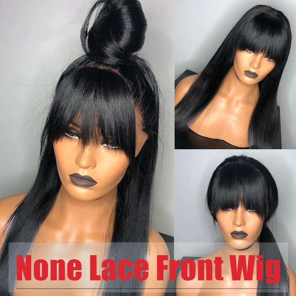 Amella Hair Straight Human Hair Wigs with Bangs (22inch) 10A None Lace Front Wigs Human Hair for Black Women 150% Density Machin