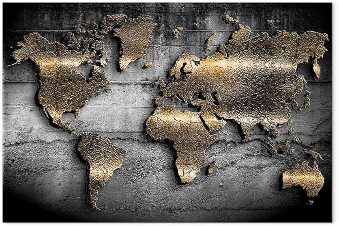artgeist Canvas Wall Art Print World map 35x24 in - 1pcs Home Decor Framed Stretched Picture Photo Painting Artwork Image Prints map Continents Modern Art Black Gold Abstract k-A-0498-b-a