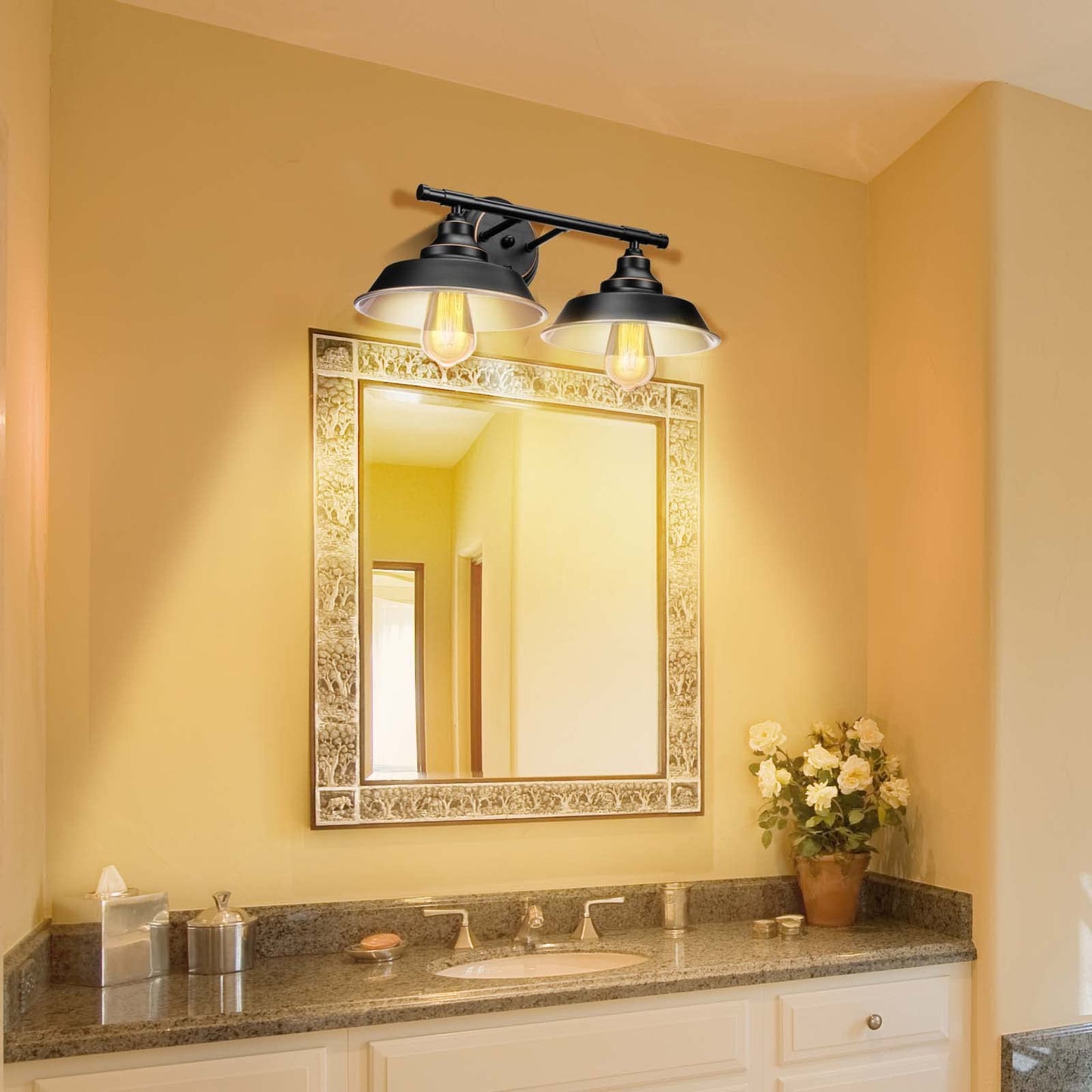 Elibbren Vintage 2-Light Wall Sconce, Matte Black Metal Bath Fixture, 2 Pack