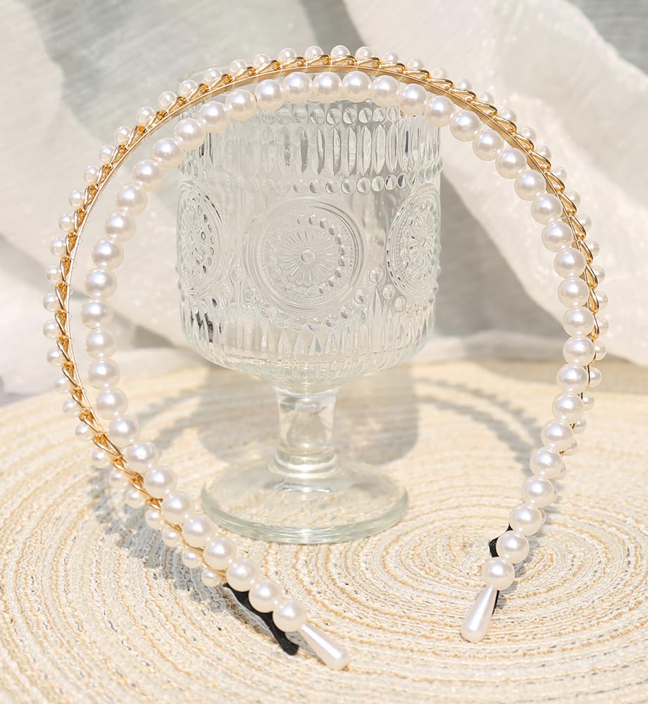 YARN & INK 2 Pcs Women's Thin Crystal Diamond Pearls Headbands Non Slip, Fashion Cute Headband Beaded Bling Daily Wear Hair Acce