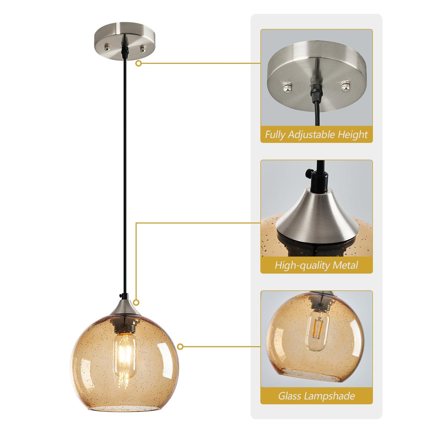 Lbsqj Light Brown Glass Pendant Lights Kitchen Island Lighting Globe Pendant Light Fixtures Modern Pendant Lighting For Bedroom Living Dining Room Light Fixture (7.87 In 1 Pack)