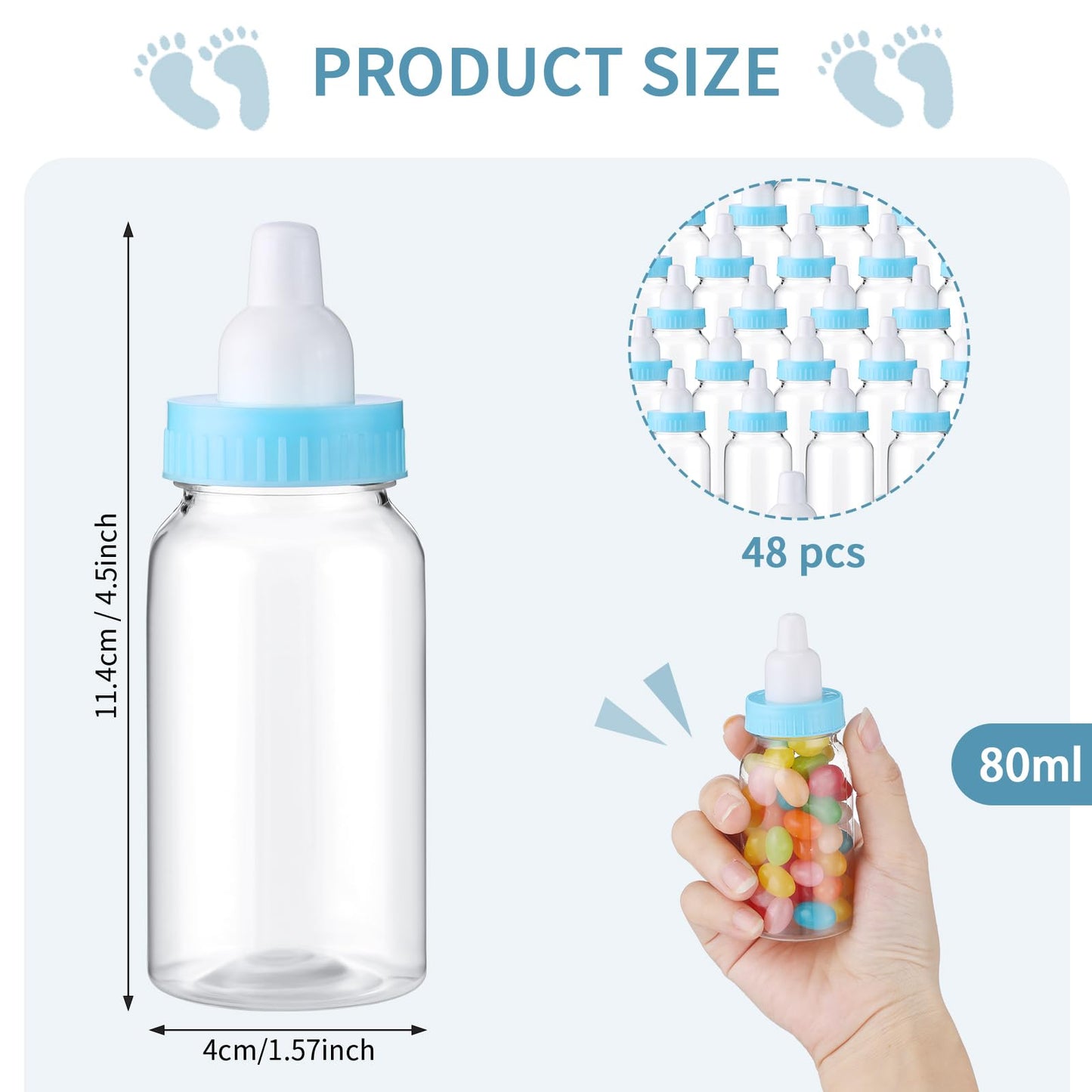 48 Pcs 4.5 Inch Baby Bottle Shower Favor Mini Plastic Candy Bottle Baby Shower Fillable Feeding Candy Box for Party Boy Girl Birthday Newborn Baptism with Removable Blue Tops