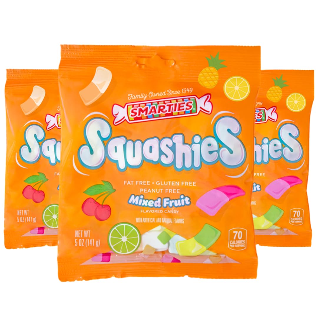 Smarties Squashies Mixed Fruit Flavor - Peanut Free Gluten Free & Fat Free Gummy Candy - Perfect for Birthday & Halloween Party Favors chewy candy - 5 oz Candy Bags (Pack of 3)