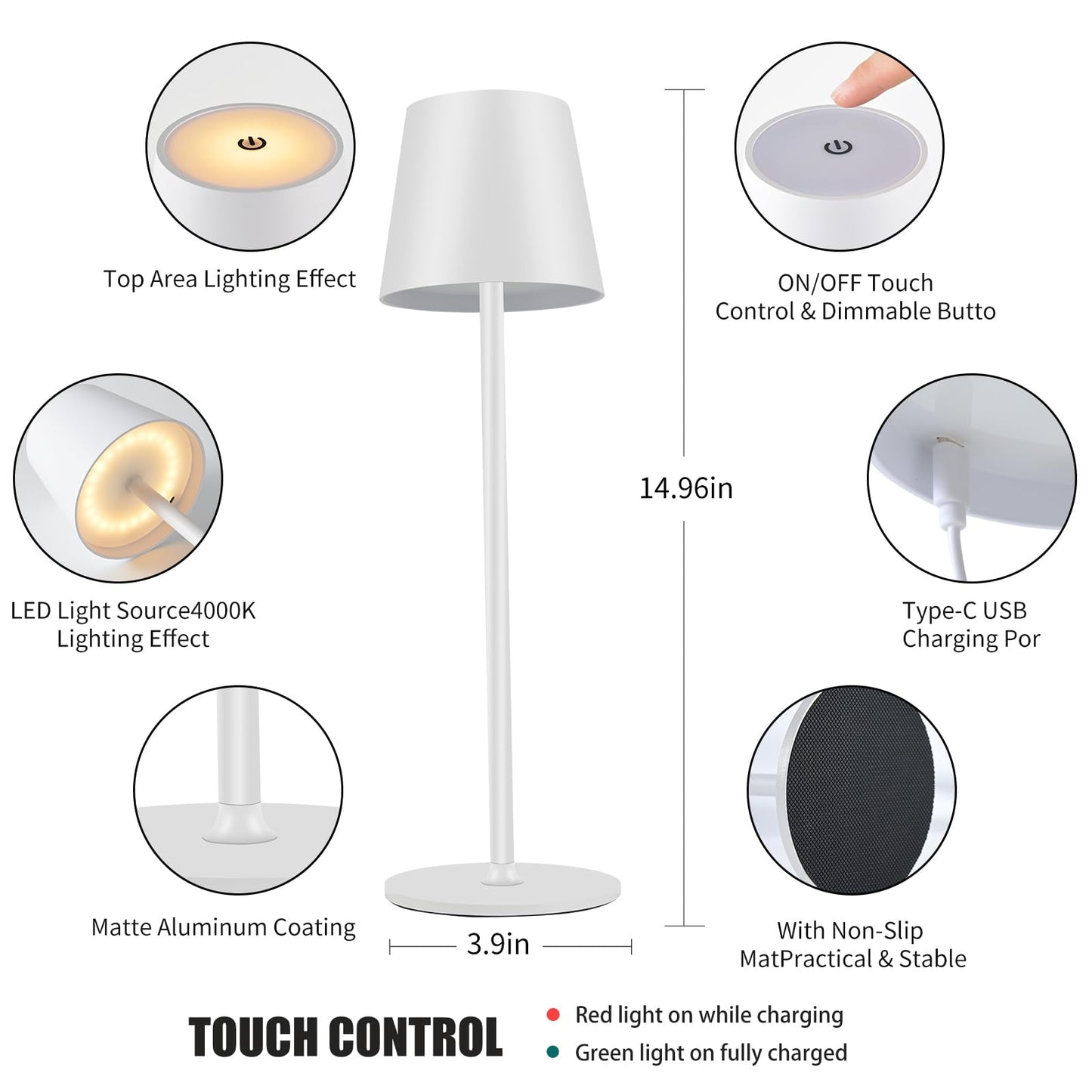 BGFHome Cordless LED Desk Lamp, 5000mAh Rechargeable, Touch Control, Minimalist Design, White, Model DLWHITE