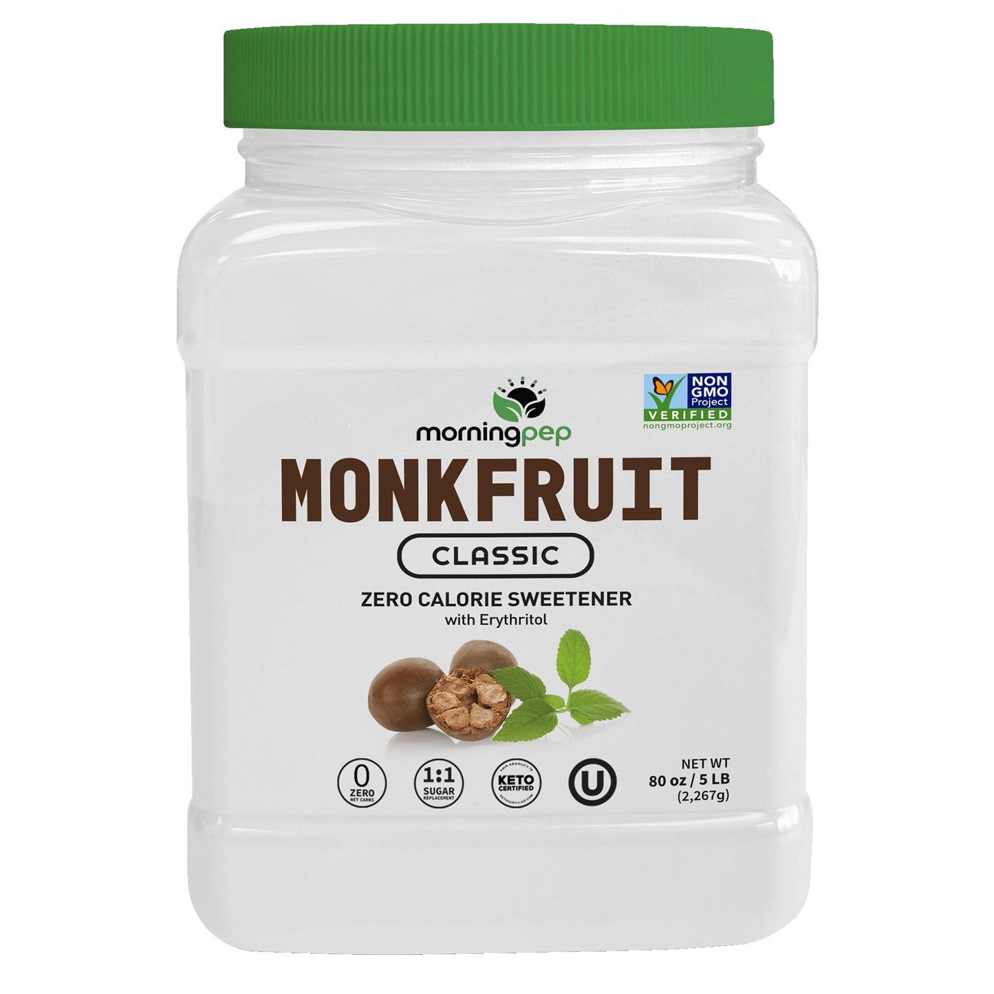 Morning Pep Monk Fruit Sweetener Classic | White Sugar Substitute Keto Diet Friendly 1:1 Sugar Replacement For Baking Coffee Tea Zero Calorie Non Gmo Project Verified OU Kosher White - 5 lb