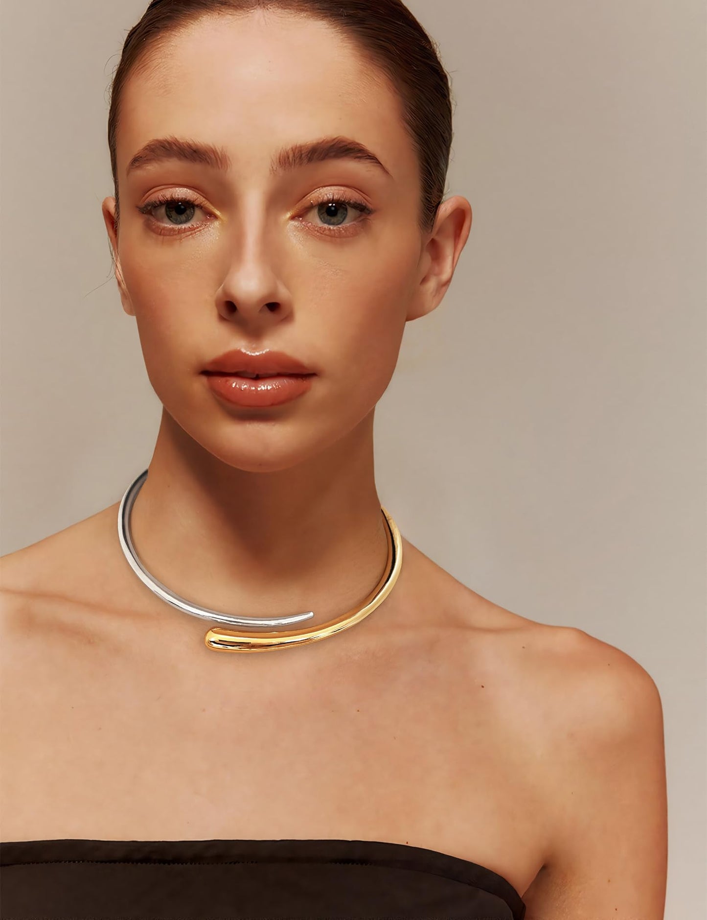 WOWORAMA Two Tone Cuff Choker Necklace for Women Gold Silver Chunky Choker Collar Necklace Mixed Metal Statement Choker Necklace