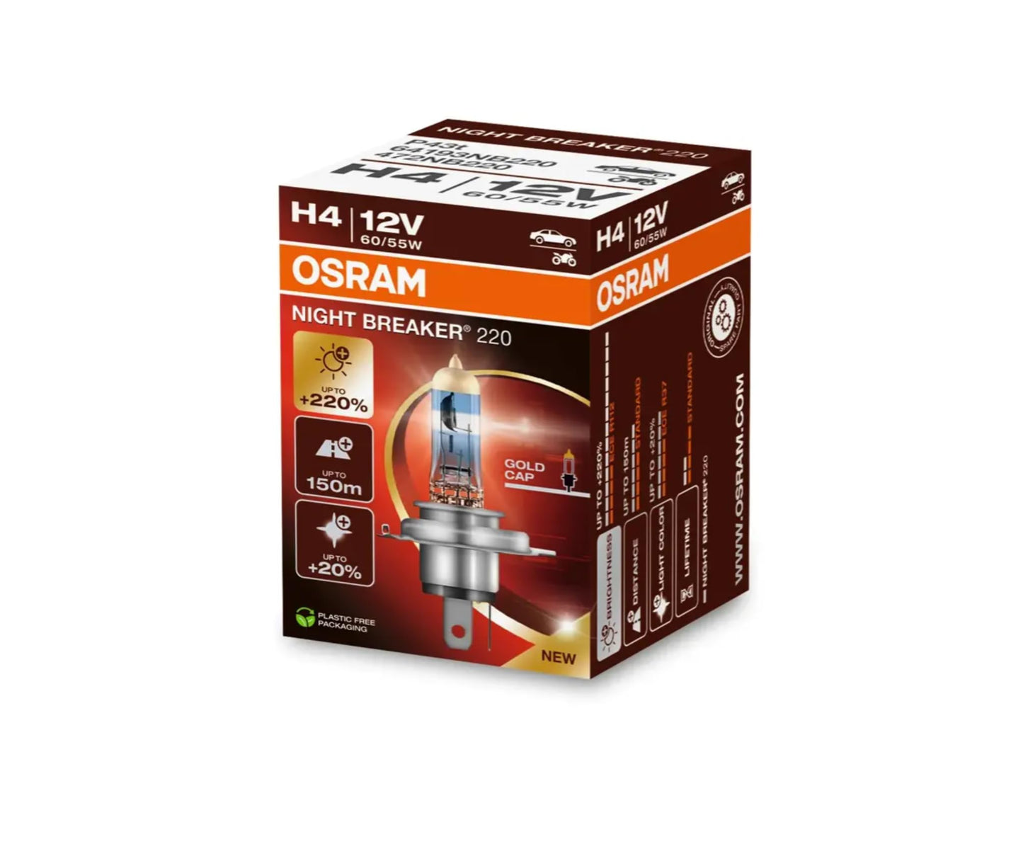 Osram Night Breaker Laser 200 Halogen Bulb H4 12V 60/55W - Single Piece, Plastic, Carton Folding Box