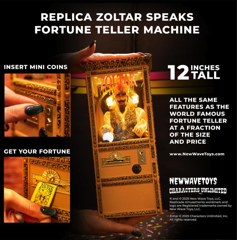 New Wave Toys Zoltar Speaks Mini Replica Fortune Teller Machine, Fully Animated 1/6 Scale with Card Dispenser, USB-C Rechargable