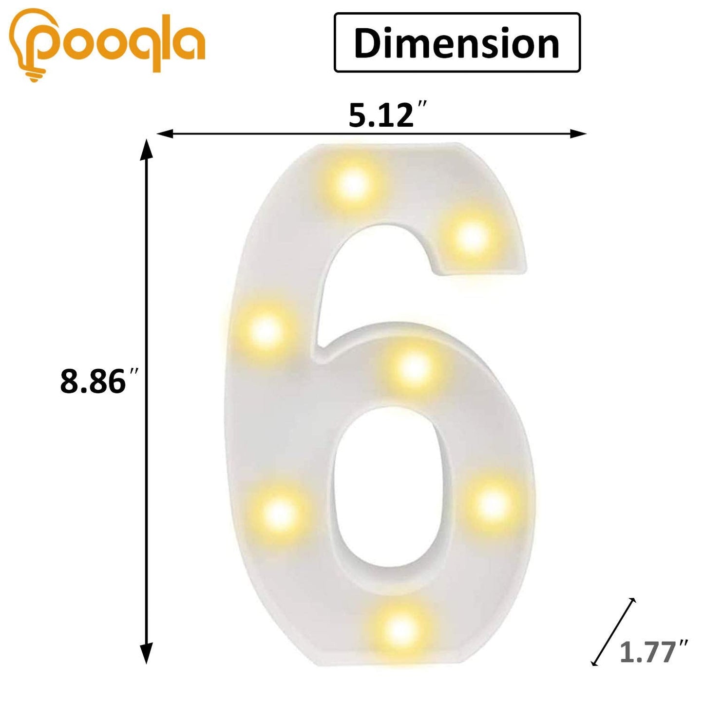 Pooqla LED Light Up Number 6, Warm White and Cool White Decorative Marquee Sign, Plastic, Model DENC-BP-01