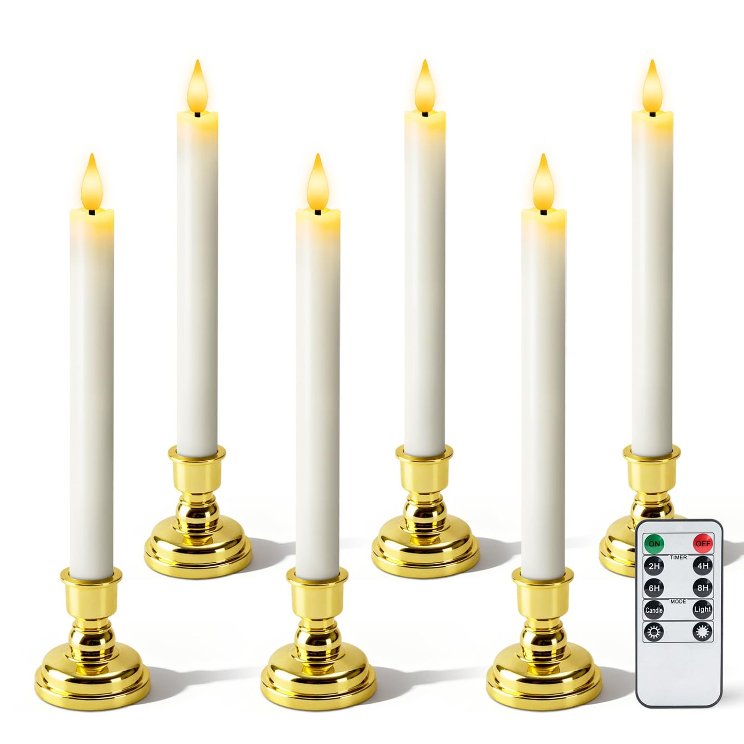 Meigic 6 Pcs Window Candles with Remote and Timer, White Battery Operated Candlesticks with Gold Holders, LED Christmas Candle f