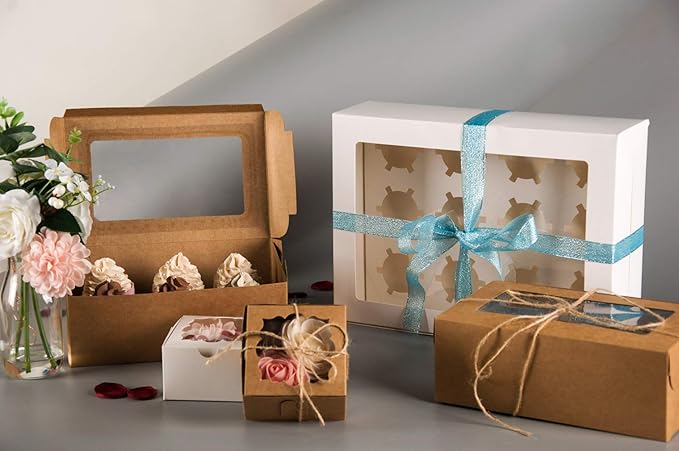 YunKo 15 Pack Dozen Cupcake Boxes White Cupcake Containers with Window Fit 12 Cupcakes or Muffins