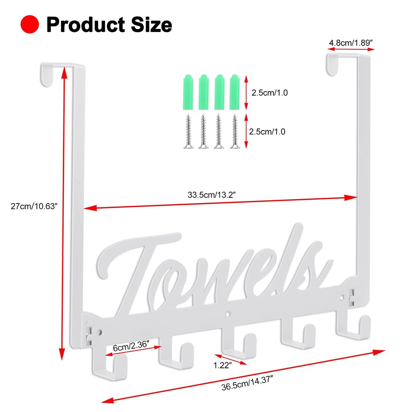 Azmoncy Over The Door Hooks, Towel Rack for Bathroom & Bedroom, Heavy Duty Over Door Towel Hanger with 5 Coat Hooks, White