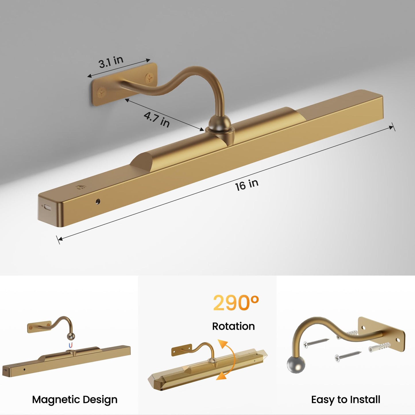 Kryoza Brass Picture Light, Wireless & Dimmable, Remote Control, 5000mAh, 350LM, 16in, 2 Pack