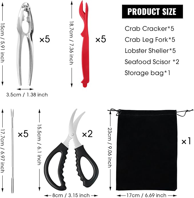 Crab Crackers and Tools,18-Pieces Seafood Tools Set Includes 5 Crab Crackers, 5 Lobster Shellers, 5 Crab Leg Forks/Picks and 2 Seafood Scissors & Storage Bag - Nut Cracker Set
