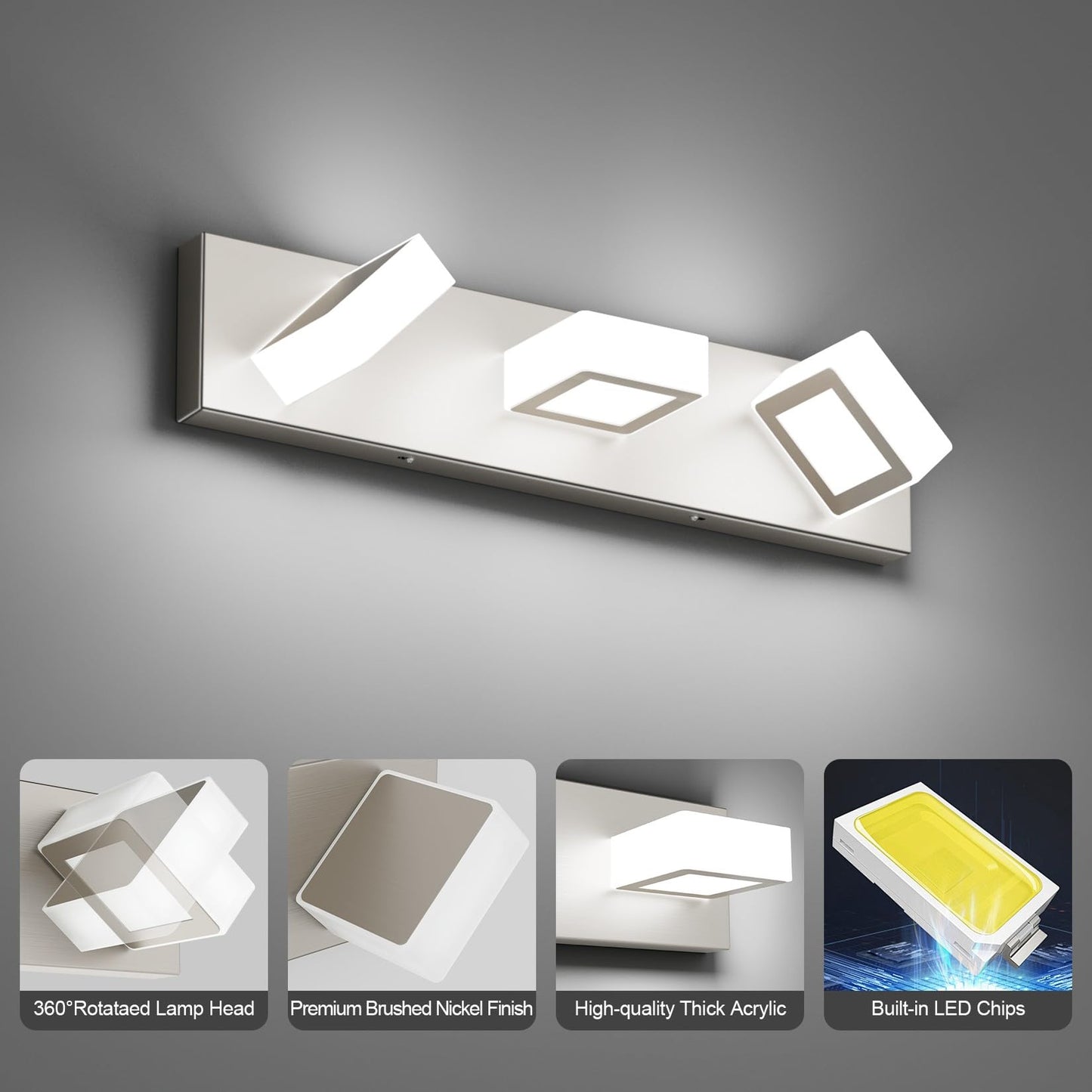 Ralbay 3-Light Bathroom Vanity Lights, Brushed Nickel, Metal, 20 inch, Model 8590, LED Modern Wall Lighting Fixtures