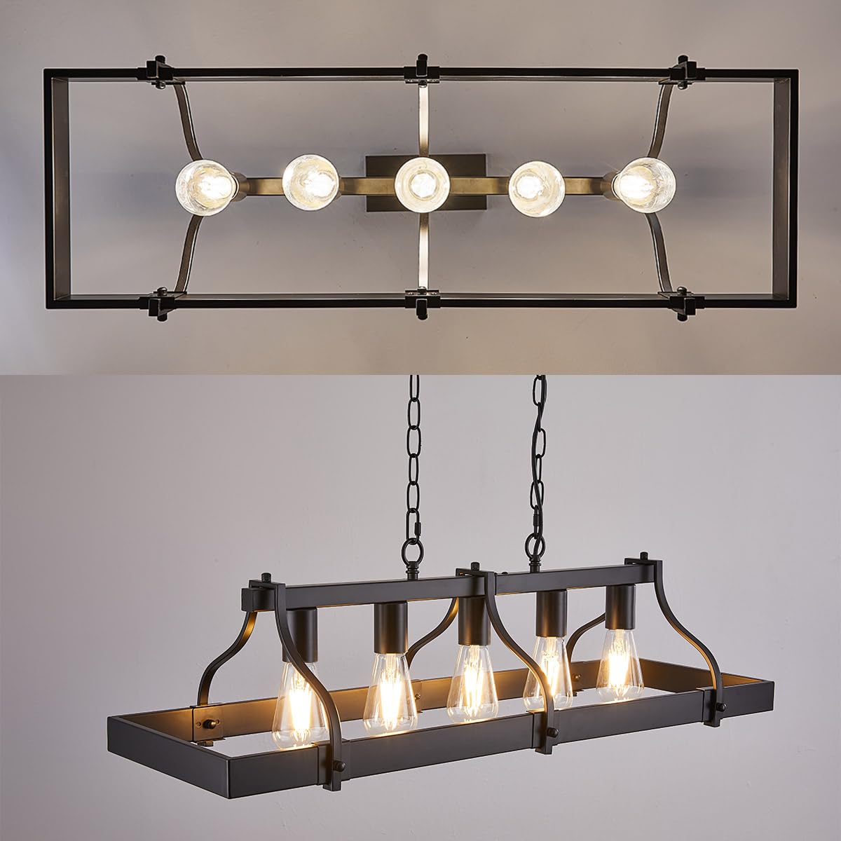 Feohak Indutstiral Black Chandeliers For Dining Room 5-Light Farmhouse Rustic Light Fixtures Over Table Modern Linear Rectangular Kitchen Island Ceiling Pendant Lighting