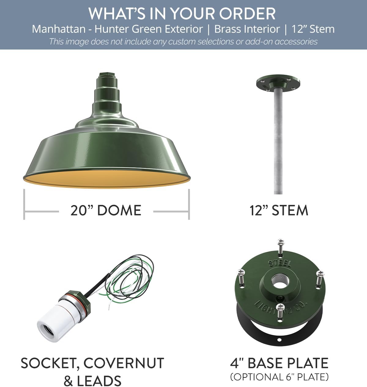 Steel Lighting Co. Manhattan Warehouse Light | Ceiling Mounted Pendant | 20 inch Dome | 12" Galvanized Stem | Large Steel Barn Light Made in America | Hunter Green Exterior/Brass Interior