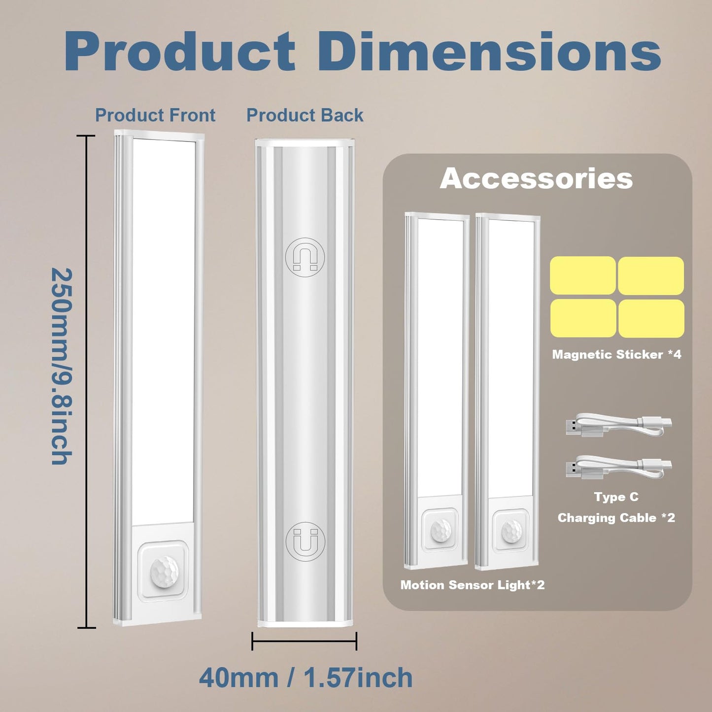 Onforu 9.8 Under Cabinet Lighting 2000Mah Usb-C Rechargeable Motion Sensor Under Cabinet Lights With 3 Color & Dimmable Magnetic Under Counter Lights For Kitchen Closet 2 Pack