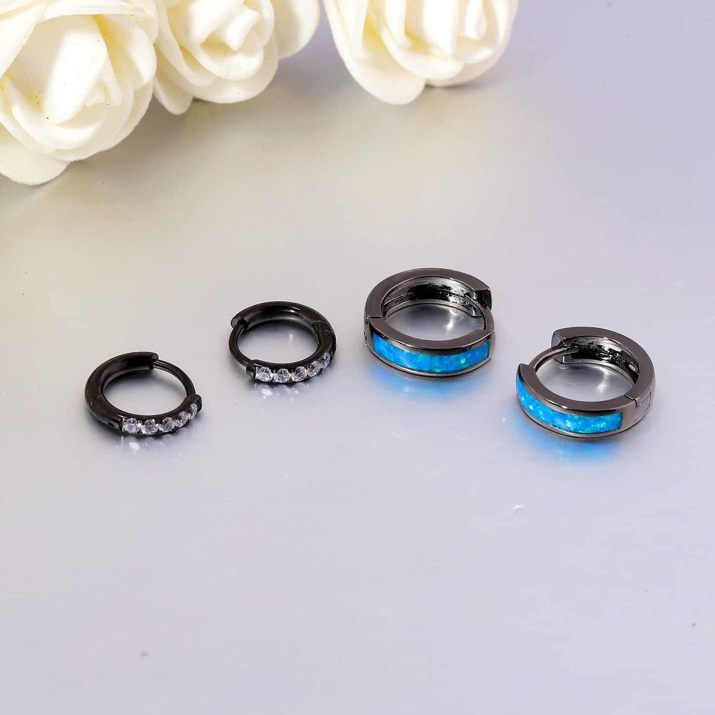 CiNily 2 Pairs Small Hoop Earrings Set Hypoallergenic Black Gold Plated Blue Opal Hoops Surgical Stainless Steel Cubic Zirconia
