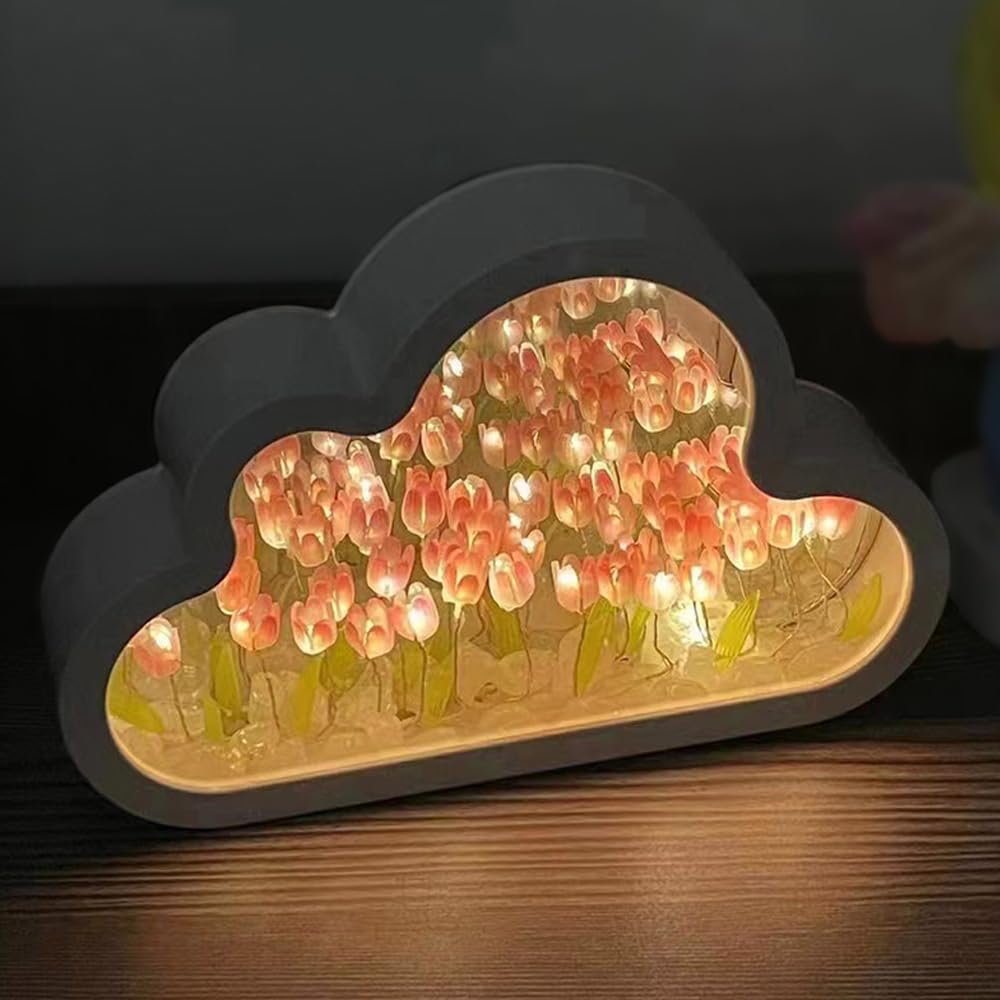LOGAZOO (20 Flower) Tulip Lamp Night Light with Mirror, Assembled Artificial Flower Lamp Table Light Bedroom Decoration Gift for