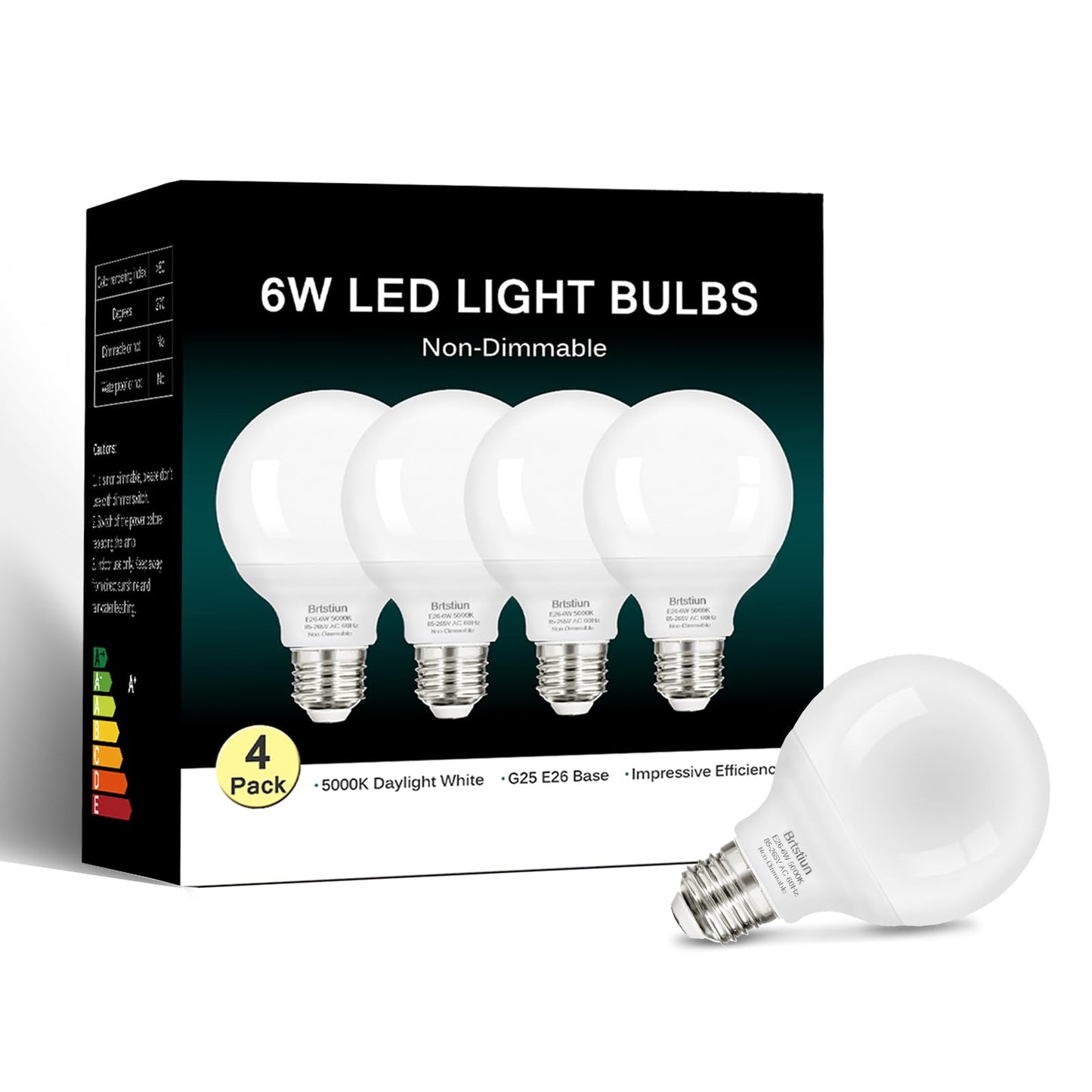 Brtstiun G25 LED Light Bulb, Round Vanity Light Bulbs for Bathroom, 40W LED Equivalent, Daylight White 5000K, Globe Light Bulbs E26 Base, 600LM, Non-Dimmable, 4-Pack