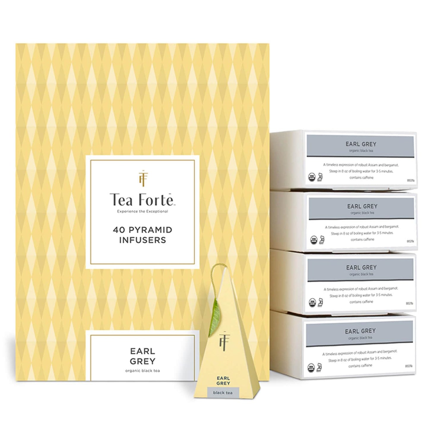 Tea Forte Earl Grey enhanced Organic Caffeinated Black Tea Blend Event Box Bulk Pack 40 Count 10 per tray Individually Wrapped Handcrafted Pyramid Infusers
