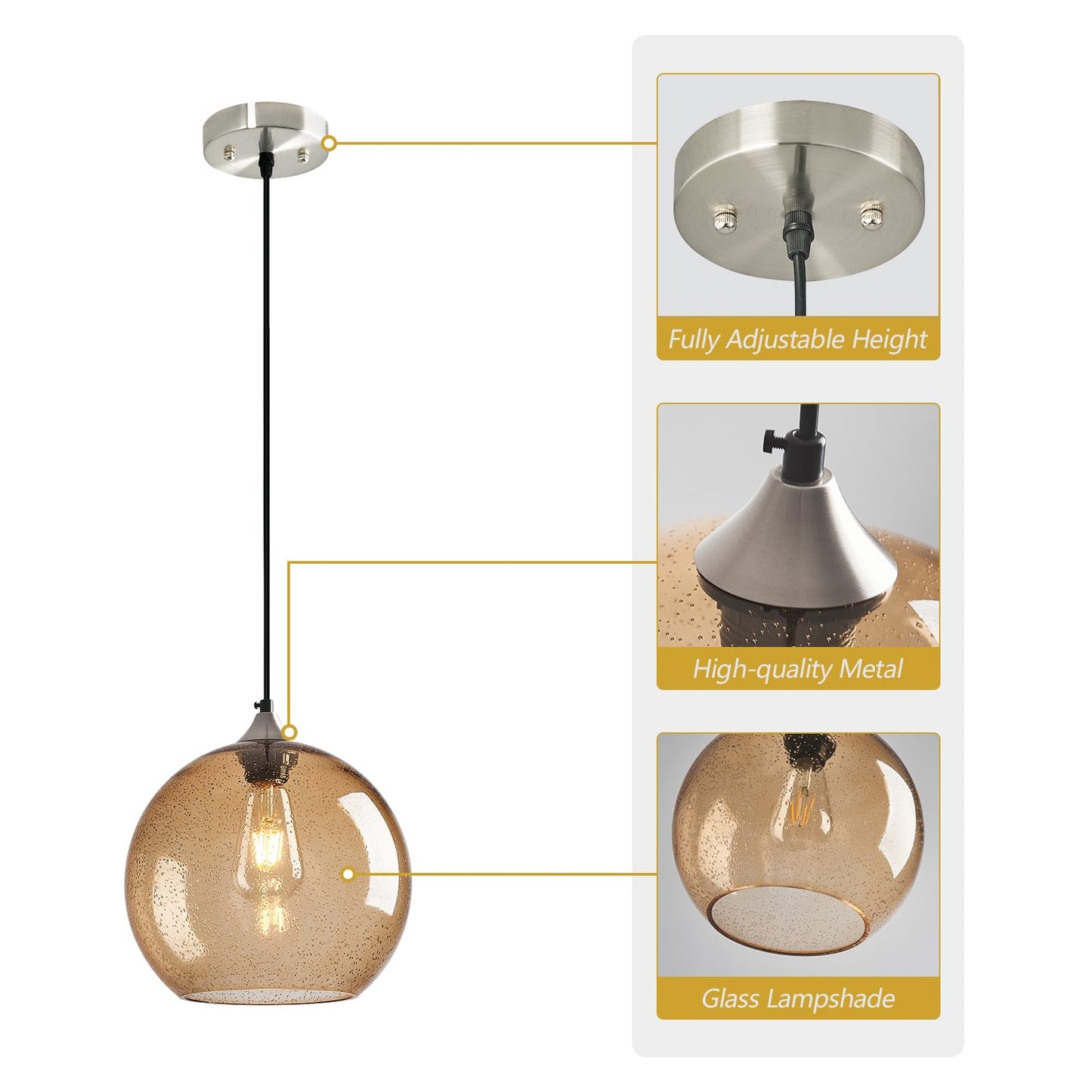 Lbsqj Light Brown Glass Pendant Lights Kitchen Island Globe Pendant Light Fixtures Modern Pendant Lighting For Bedroom Living Dining Room Light Fixture (9.84 In 1 Pack)