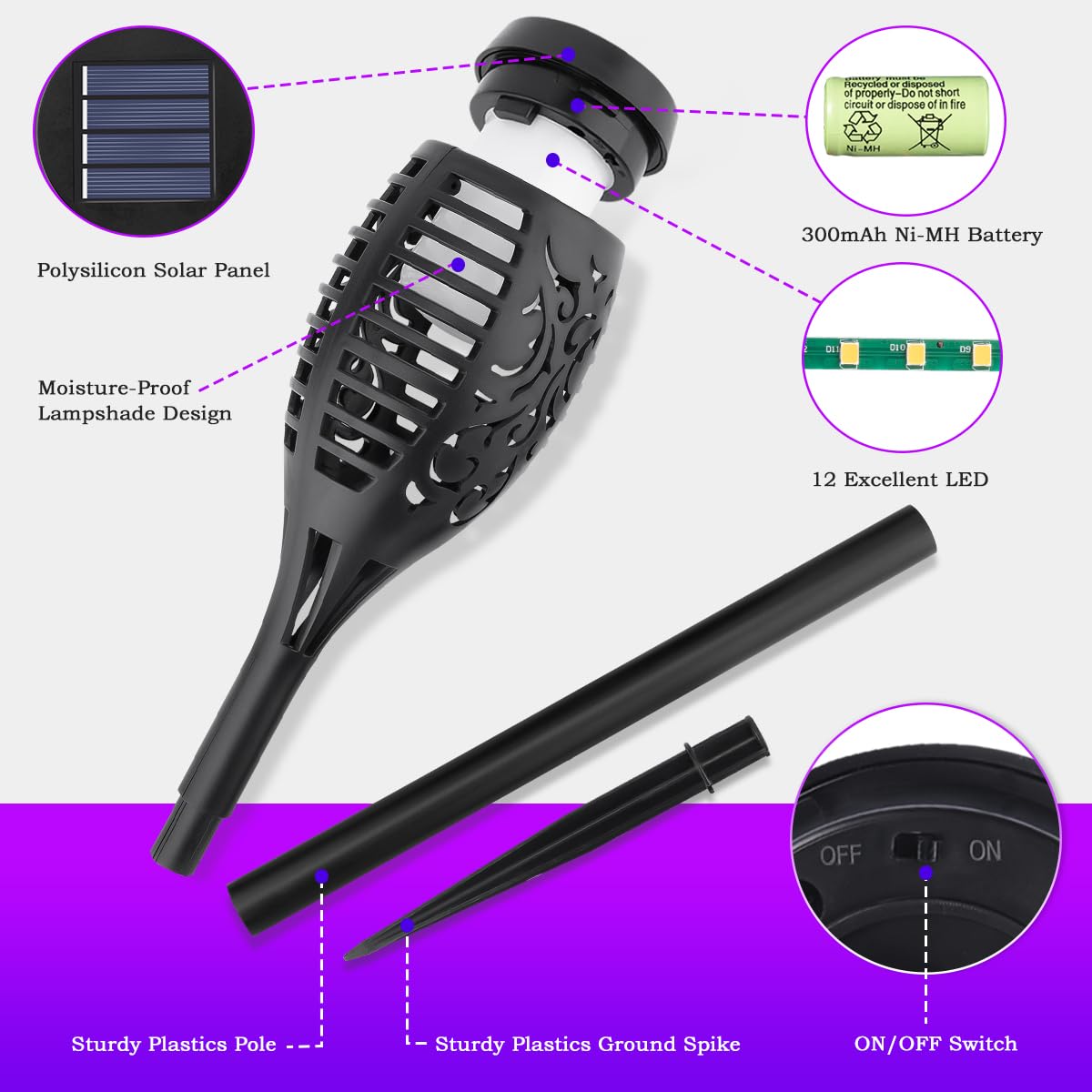 MIUSIKIT Solar Torch Lights - 10Pack Purple Flickering Flame Outdoor Decorations, Waterproof Plastic for Yard, Garden, Patio, Lawn