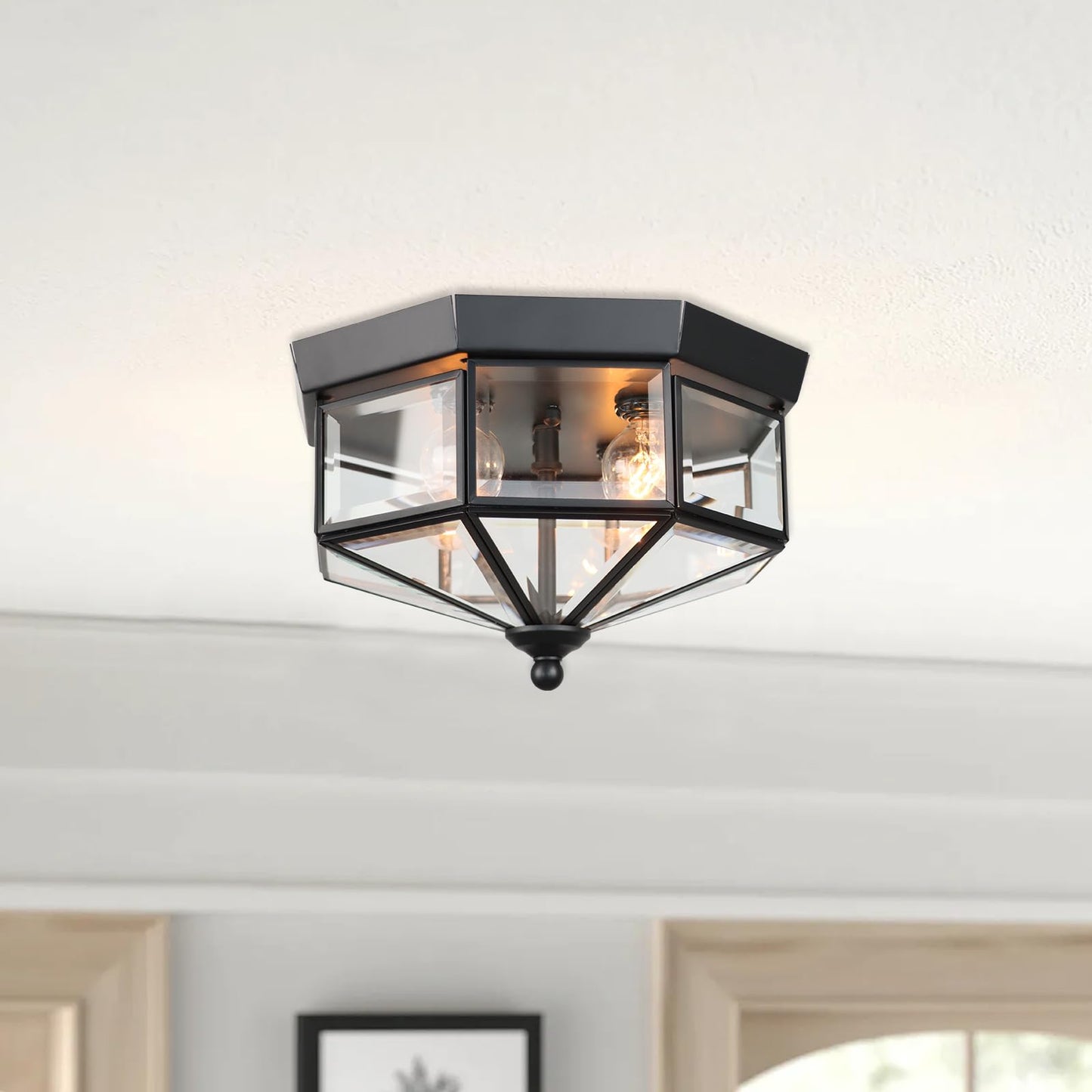 Flush Mount Outdoor Ceiling Light Fixture 4 Light Exterior Porch Ceiling Lights With Clear Glass Black Farmhouse Lighting For Indoor Hallway Kitchen Stairway (E12 Base)