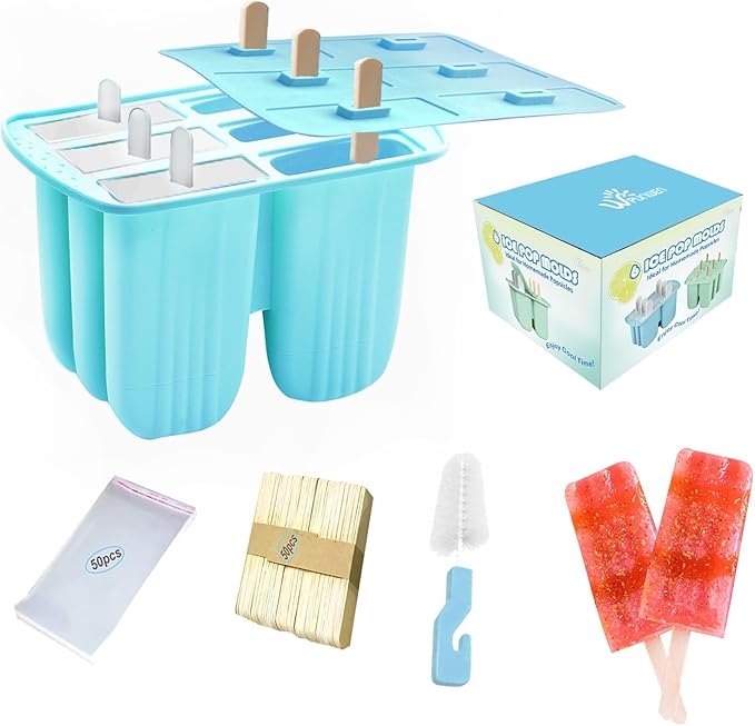 Silicone Popsicle Molds with Sticks Wpunwen 6 Cavity Ice Popsicle MoldsIce Cream Mold with Clean Brush 6 Reusable Sticks 50 Sticks 50 Bags Blue