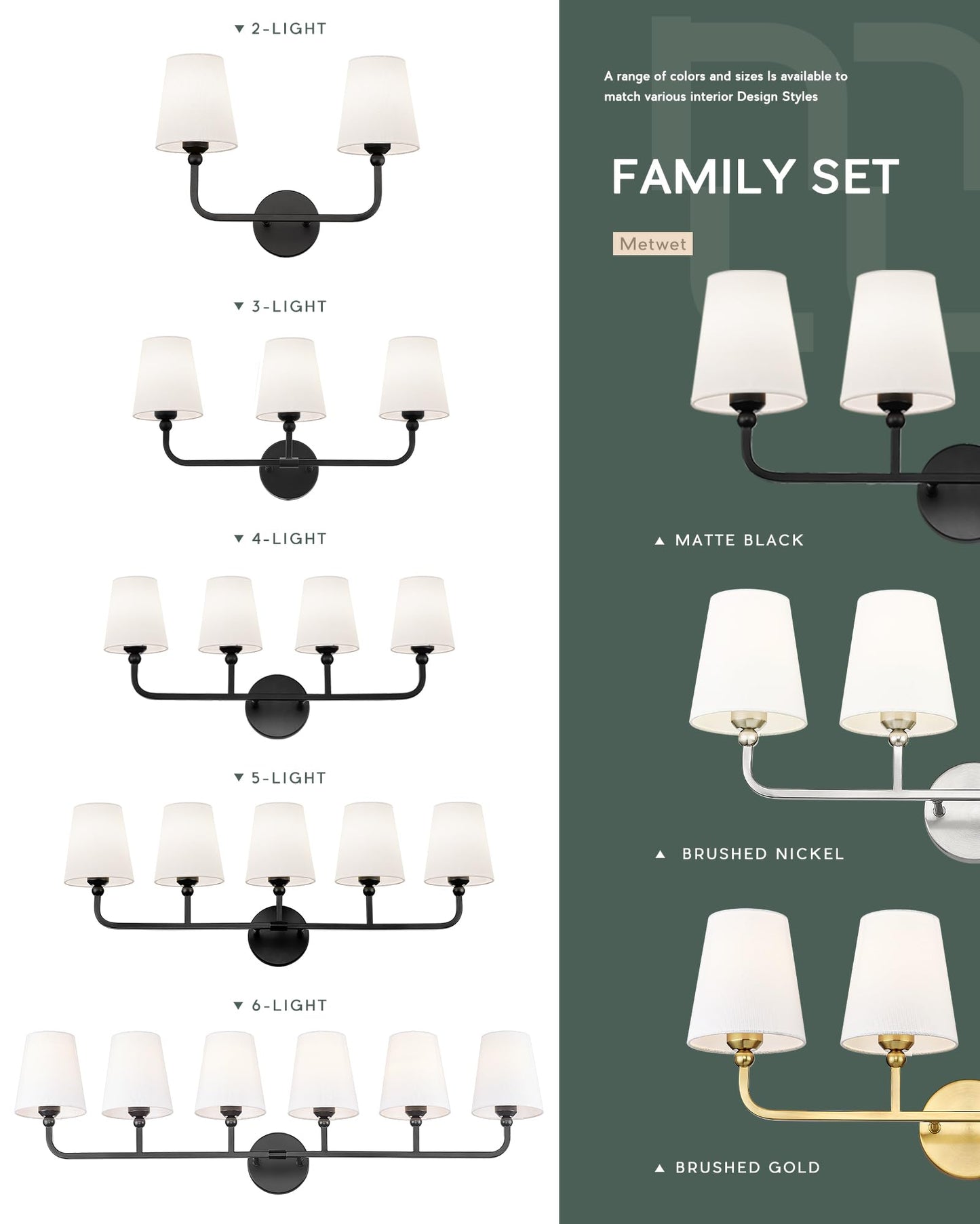 Metwet Bathroom Light Fixtures 42 Inch Matte Black Vanity Lights With Flared White Fabric Shade 6-Light Wall Sconce Modern Sconces Wall Lighting For Hallway Bedroom Vl837-Mb-6