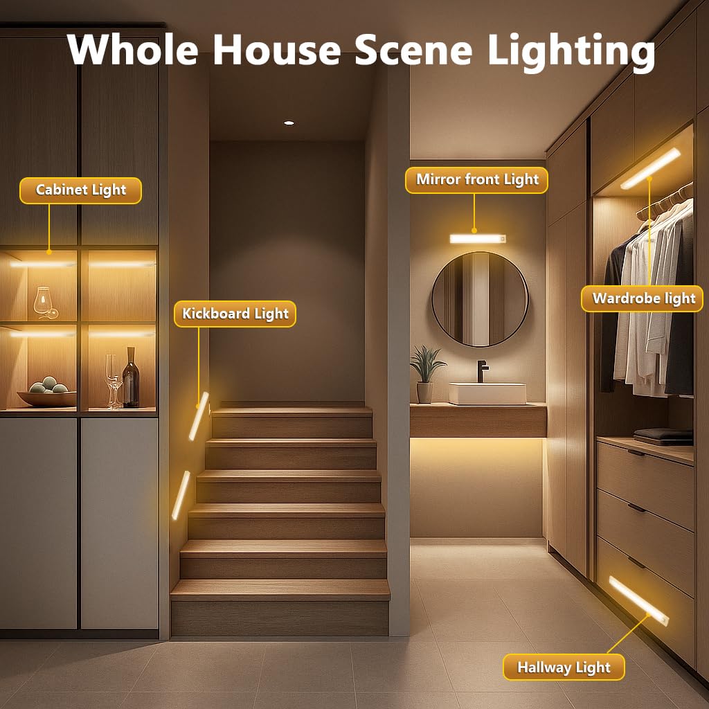 10 Under Cabinet Lighting 68Leds Motion Sensor Light Indoor Rechargeable Battery Magnetic Closet Light Wireless Under Counter Lights For Kitchen Stairs 2-Pack Warm Light