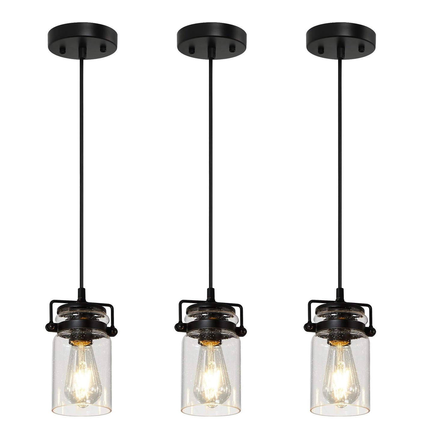 foucasal Industrial Pendant Lighting Fixtures, Hanging Pendant Lights with Seeded Glass Shade, 3 Pack Black Ceiling Light Fixtur
