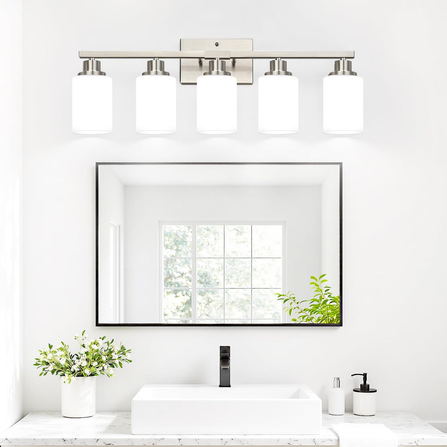5-Light Vanity Light With Milky White Shades Brushed Nickle Bathroom Lighting Fixtures Over Mirror Modern Bathroom Wall Lamp For Mirror Living Room Cabinet Bedroom