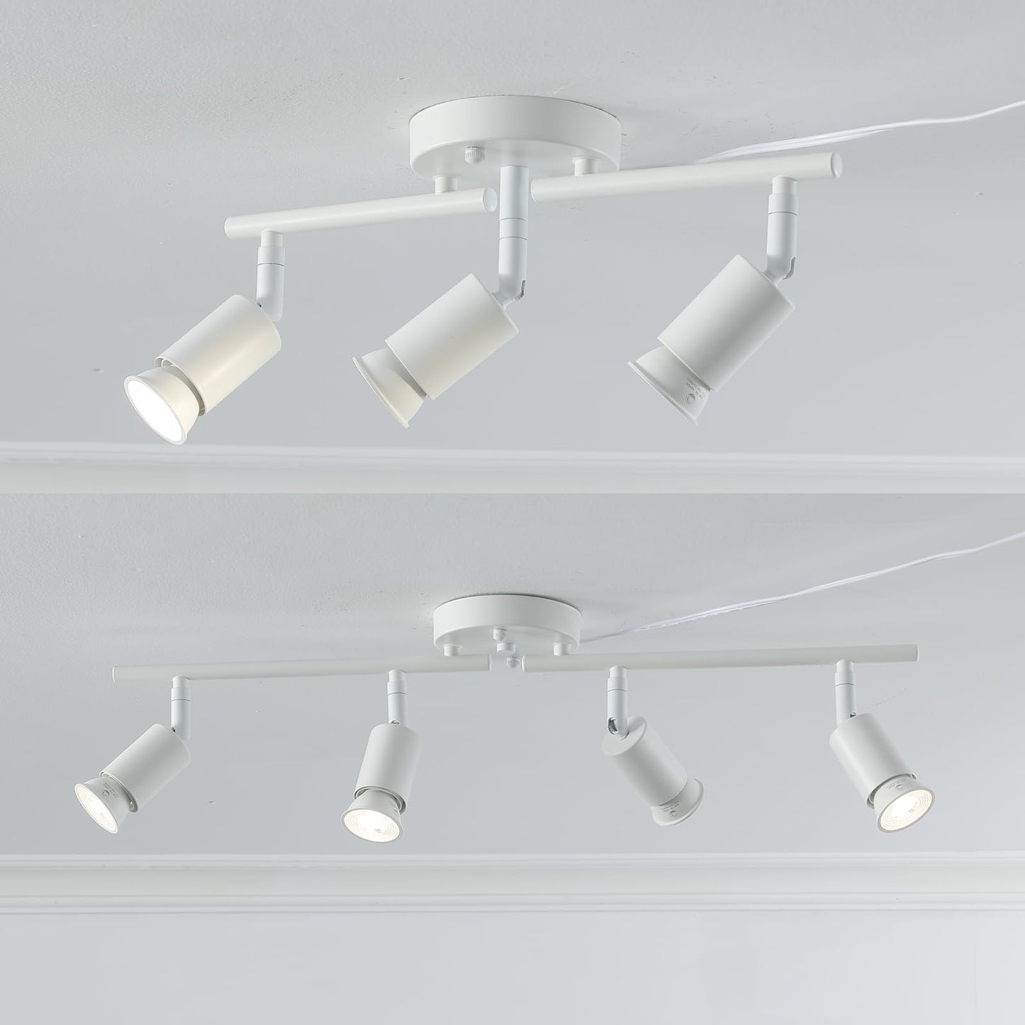 Vivihobb Dimmable Plug In Track Light White 3 Light Plug In Ceiling Lighting Fixture With 16.4 Long Cord 4 Way Ceiling Spotlight Rotatable Wall Mount Light Head Led Dimmable Spot Bulbs Included