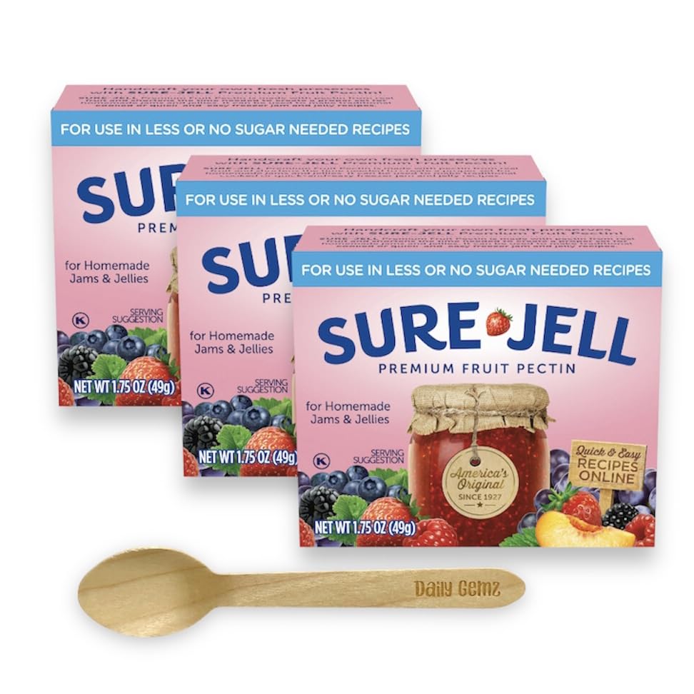 Sure Jell Low Sugar Pectin for Canning - Pack of 3 Sure Jell Fruit Pectin 1.75 oz Boxes for Low or No Sugar Jams Jellies and Preserves - Bundled with Daily Gemz Spoon