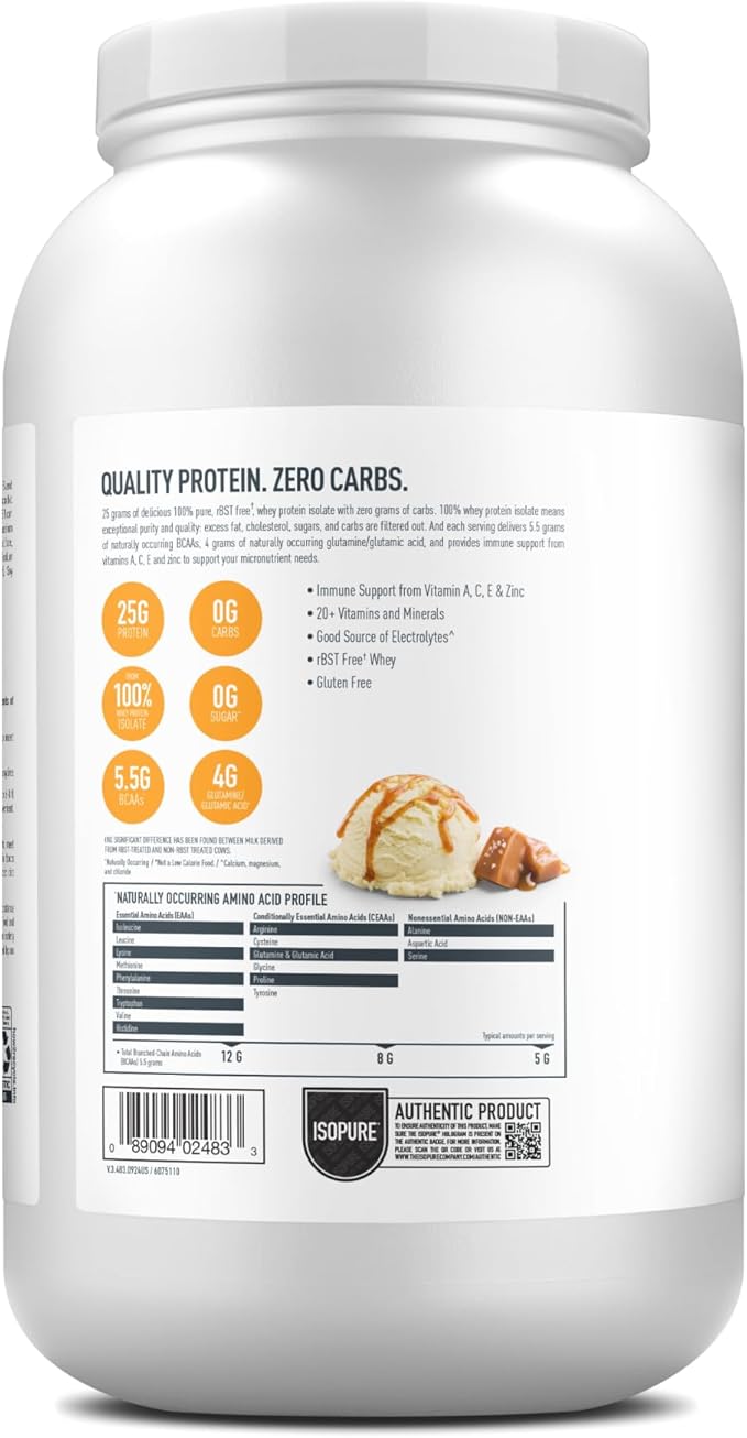 Isopure Zero Carb 100% Pure Whey Isolate Protein Powder, Lactose Free, Gluten Free, With Vitamins, Vanilla Salted Caramel, 25g Protein Per Serving, 3 Lbs, 42 Servings (Packaging May Vary)