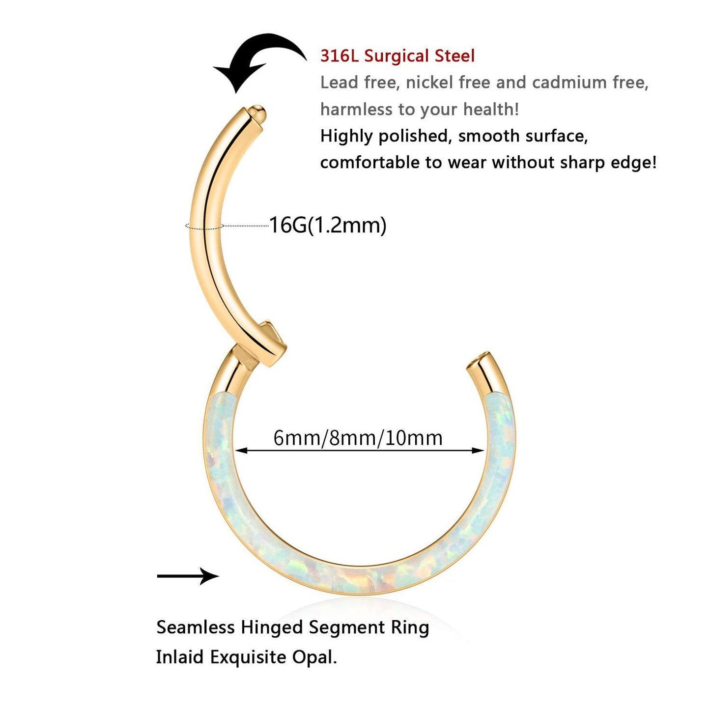 FUNLMO 16G Septum Ring 8mm Daith Earrings Clicker Nose Rings Helix Conch Piercing Jewelry Surgical Steel White Opal Inlaid Gold