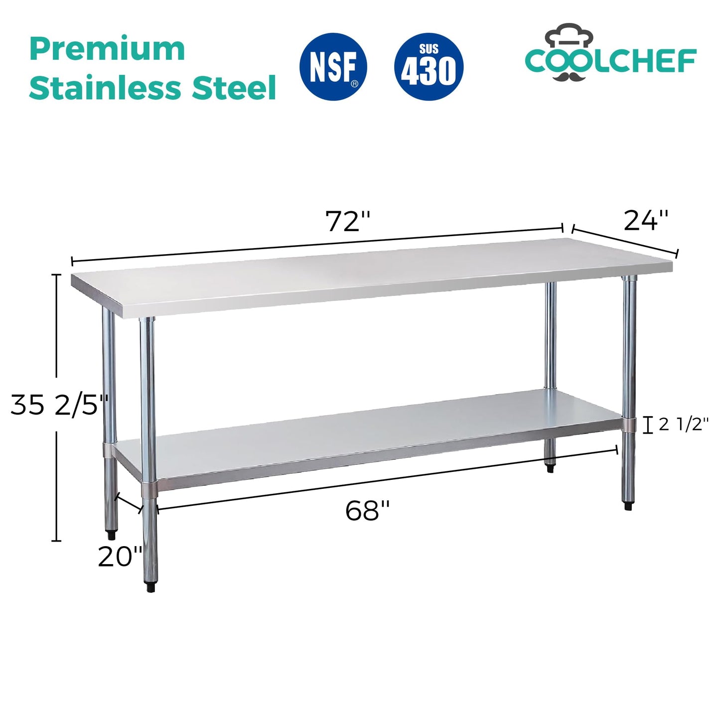 Okeyolive Stainless Steel Work Table 24 x 72 Inch, NSF Commercial Prep Table with Undershelf, Heavy Duty Food Prep Workstation